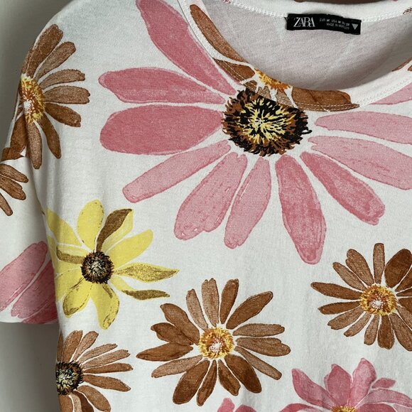 Zara Floral Top Pink Flower Tee Short Sleeve Size M White/Multi Cotton - Picture 2 of 7